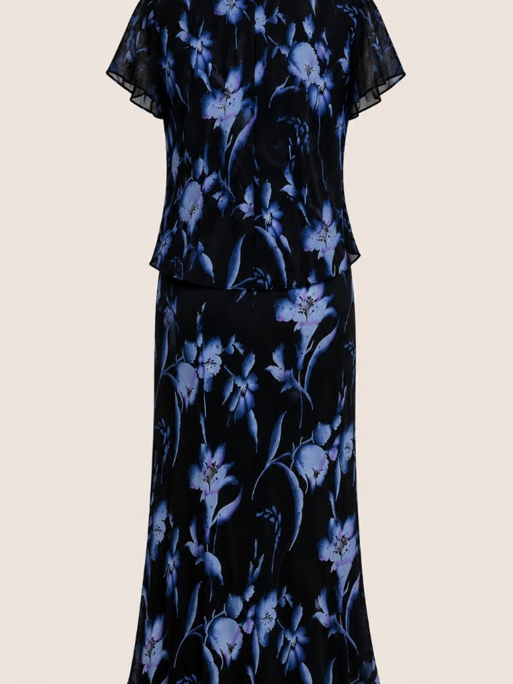 NWT Positive Attitude Petite 8P Black Blue Floral Chiffon Maxi Dress Beaded Vntg